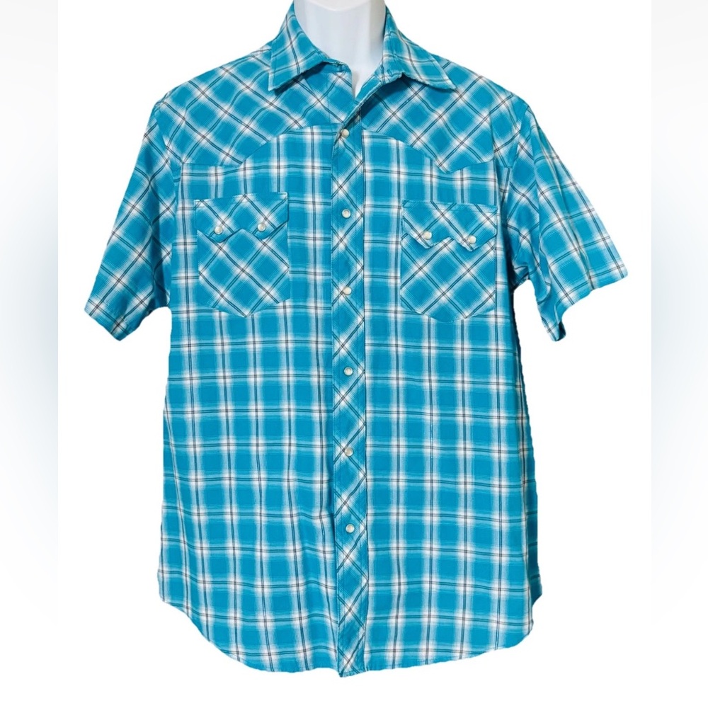 VTG Wrangler Western Pearl Snap Shirt Mens L Blue Plaid Metallic Thread USA